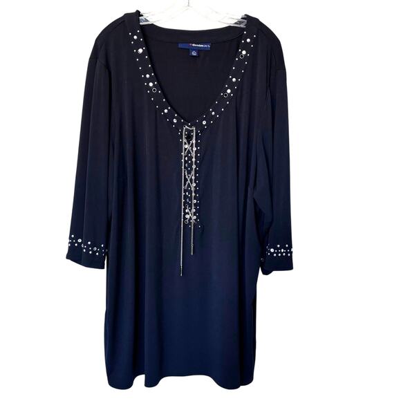 Denim 24/7 Wms 3X Black Embellished Scoop Neck Tunic Top Studded Lace Up Chain - Picture 1 of 10